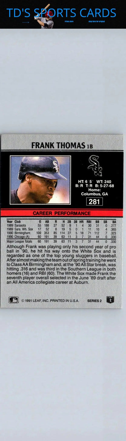 1991 Leaf #281 Frank Thomas baseball card, a must-have for trading cards collectors