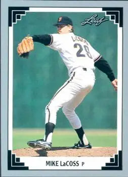 Baseball player in white uniform #26 pitching on 1991 Leaf Mike LaCoss San Francisco Giants card
