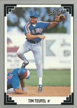 Baseball card of Tim Teufel leaping over baserunner for the New York Mets