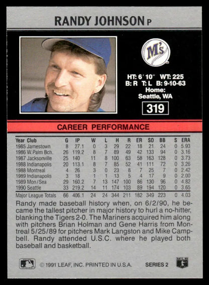 Randy Johnson Seattle Mariners baseball card with career stats and player bio