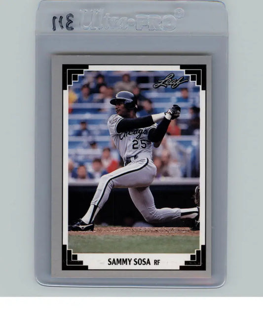 Baseball card of Sammy Sosa in batting stance for Chicago White Sox, number 25