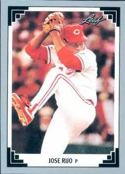 Jose Rijo mid-delivery in white and red uniform on Cincinnati Reds baseball card