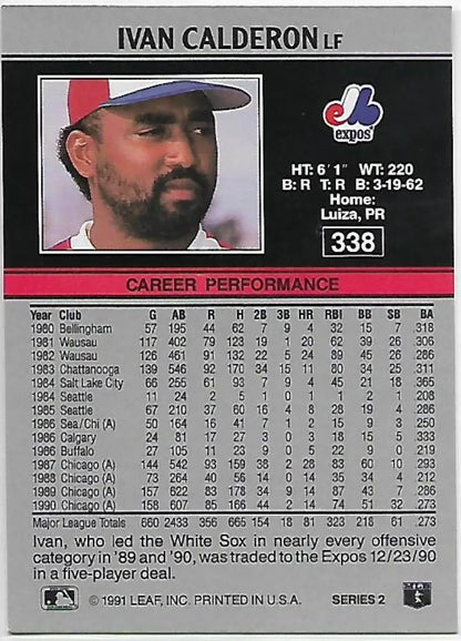 1991 Leaf #338 Ivan Calderon Baseball Card featuring Montreal Expos player stats