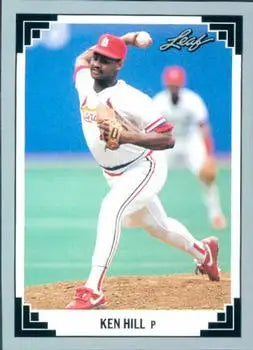 Ken Hill pitching in red and white Cardinals uniform on 1991 Leaf baseball card