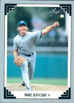 Baseball card of Mike Jeffcoat pitching for the Texas Rangers in a gray uniform
