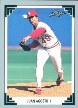 Baseball card of Juan Agosto pitching in red and white Angels uniform for Louis Cardinals