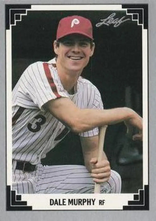Dale Murphy in Philadelphia Phillies pinstriped uniform leaning on a baseball bat