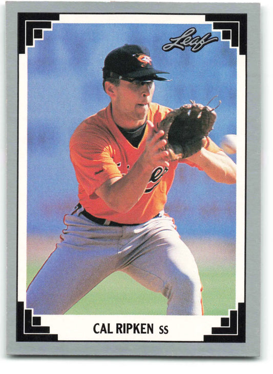 Cal Ripken Jr. Baltimore Orioles baseball card in orange jersey fielding position
