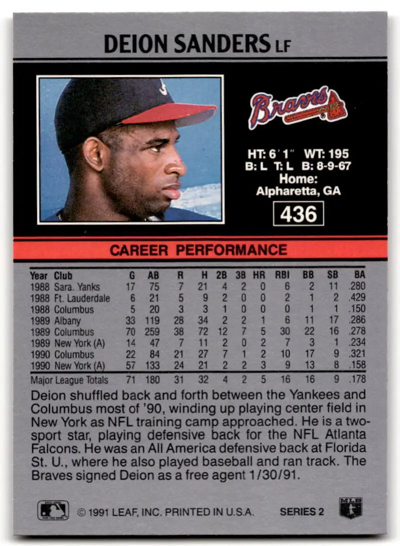 Deion Sanders Atlanta Braves Baseball Card from 1991 Leaf #436 in NM-MT condition