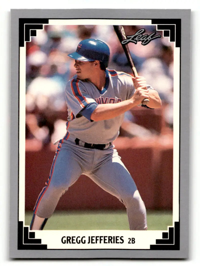 1991 Leaf Gregg Jefferies New York Mets Baseball card featuring player at bat in road uniform