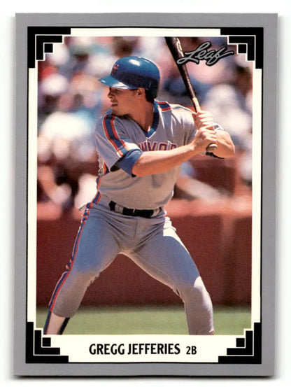 1991 Leaf Gregg Jefferies New York Mets Baseball card featuring player at bat in road uniform