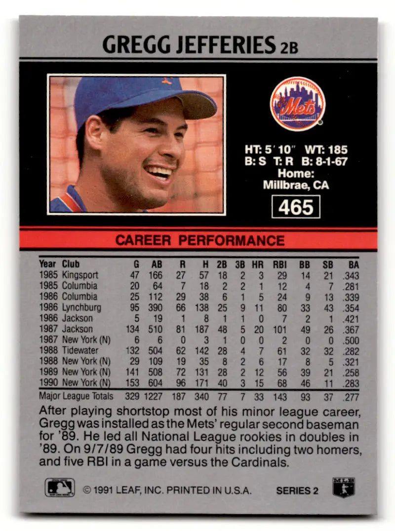 1991 Leaf Gregg Jefferies baseball card with stats and Mets photo for York Mets fans
