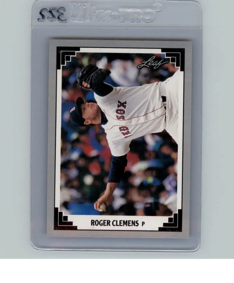 Baseball card in case featuring Roger Clemens of the Red Sox mid-throw