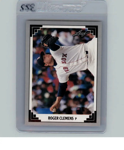 Baseball card in case featuring Roger Clemens of the Red Sox mid-throw