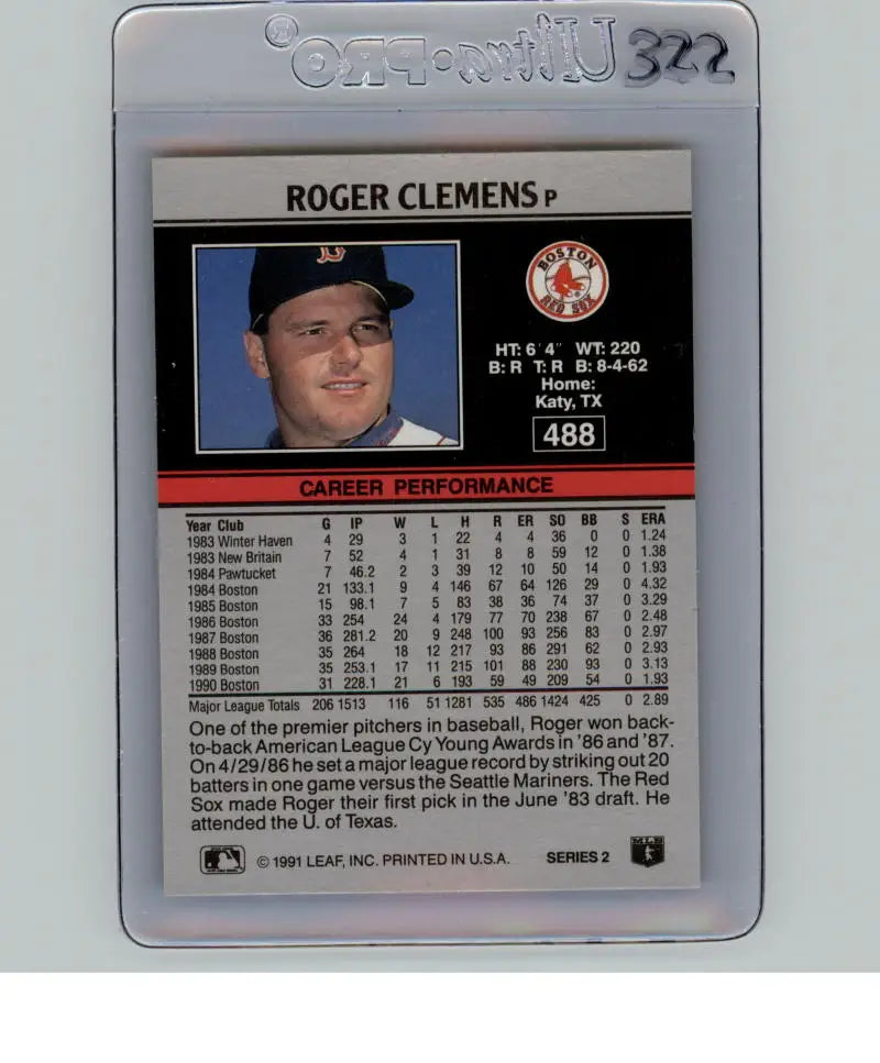 Baseball card of Roger Clemens in protective case with Red Sox logo and stats