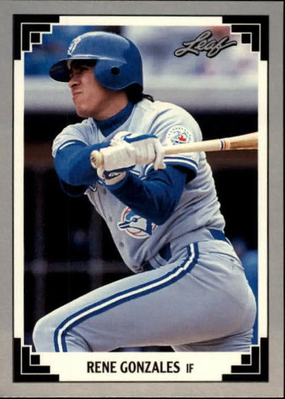 Toronto Blue Jays baseball card of Rene Gonzales in batting stance with blue helmet