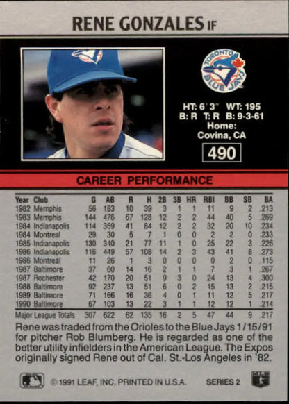 1991 Leaf #490 Rene Gonzales baseball card featuring Toronto Blue Jays player in cap