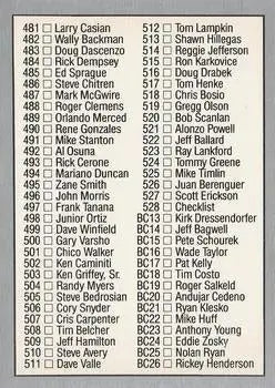 List of numbered names on a white paper for Sandy Alomar Checklist Baseball Card
