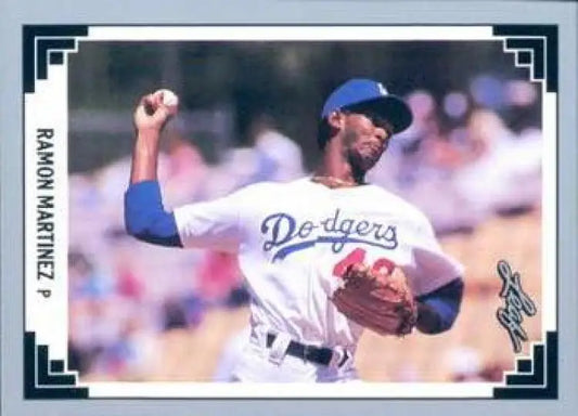 Ramon Martinez in a Dodgers uniform throwing a pitch on a baseball card