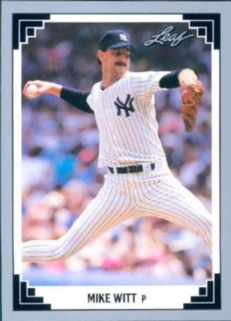 Mike Witt pitching in a pinstripe uniform on the mound for the New York Yankees Baseball Card
