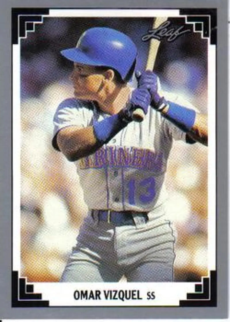 Baseball card of Omar Vizquel in batting stance for Seattle Mariners number 13