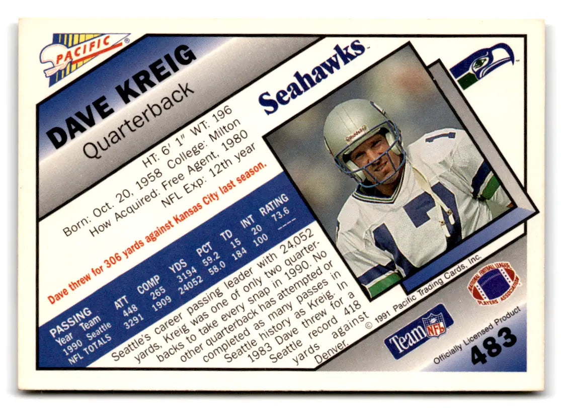 1991 Pacific 483b COR Dave Krieg Seahawks NFL football trading card image