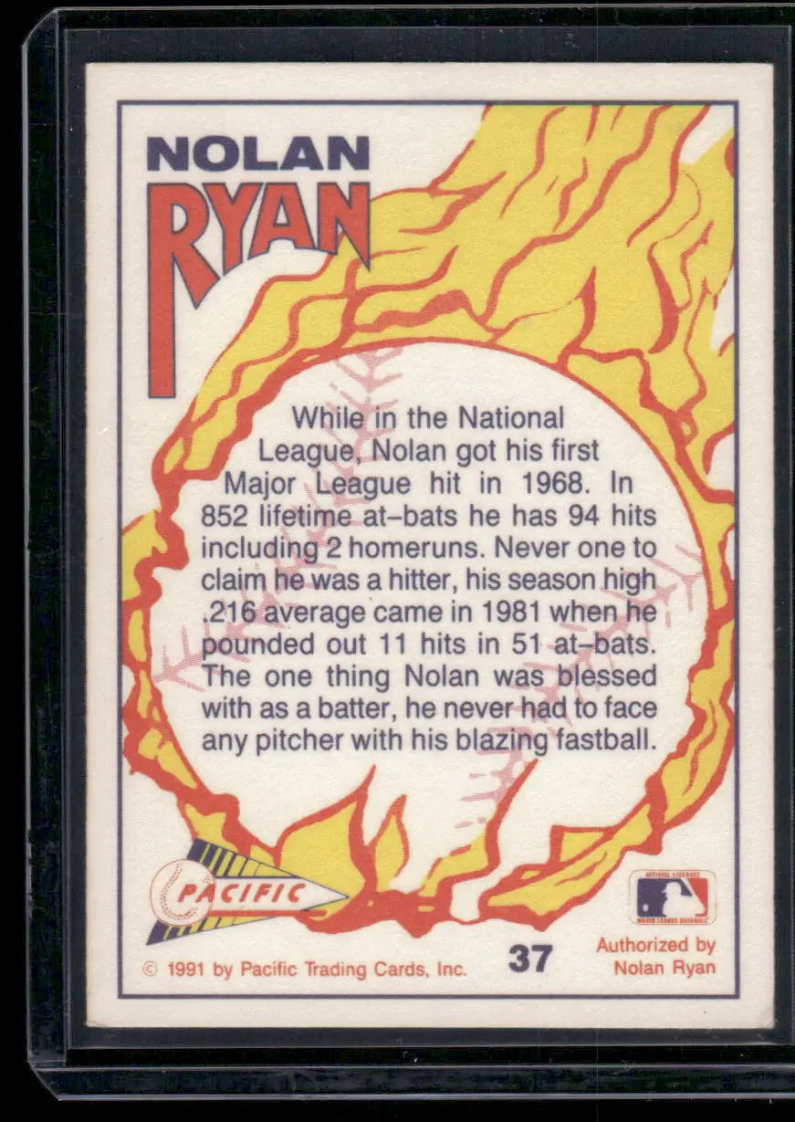 Back of a 1991 Pacific Nolan Ryan #37 baseball card featuring Nolan Ryan memorabilia