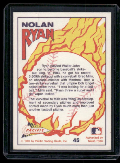 Baseball card of Nolan Ryan in protective sleeve from 1991 Pacific Nolan Ryan #45 collection