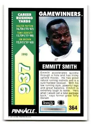 Emmitt Smith trading card from 1991 Pinnacle #364 featuring the legendary player