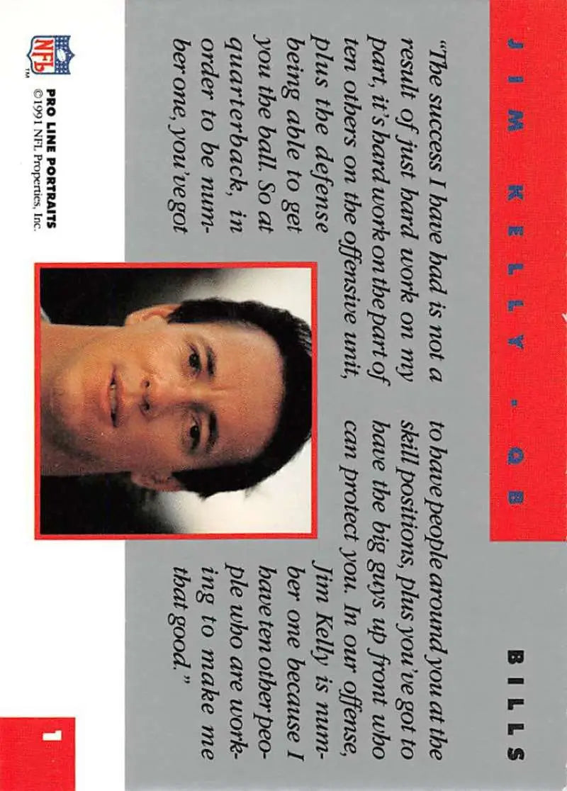Trading card featuring Jim Kelly from Pro Line Portraits for Buffalo Bills collectors
