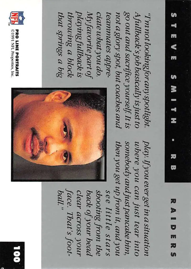 Close-up portrait of Steve Smith featured on 1991 Pro Line Portraits Football Card