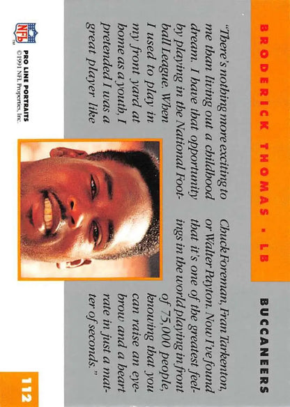 Broderick Thomas football card featuring orange borders from 1991 Pro Line Portraits
