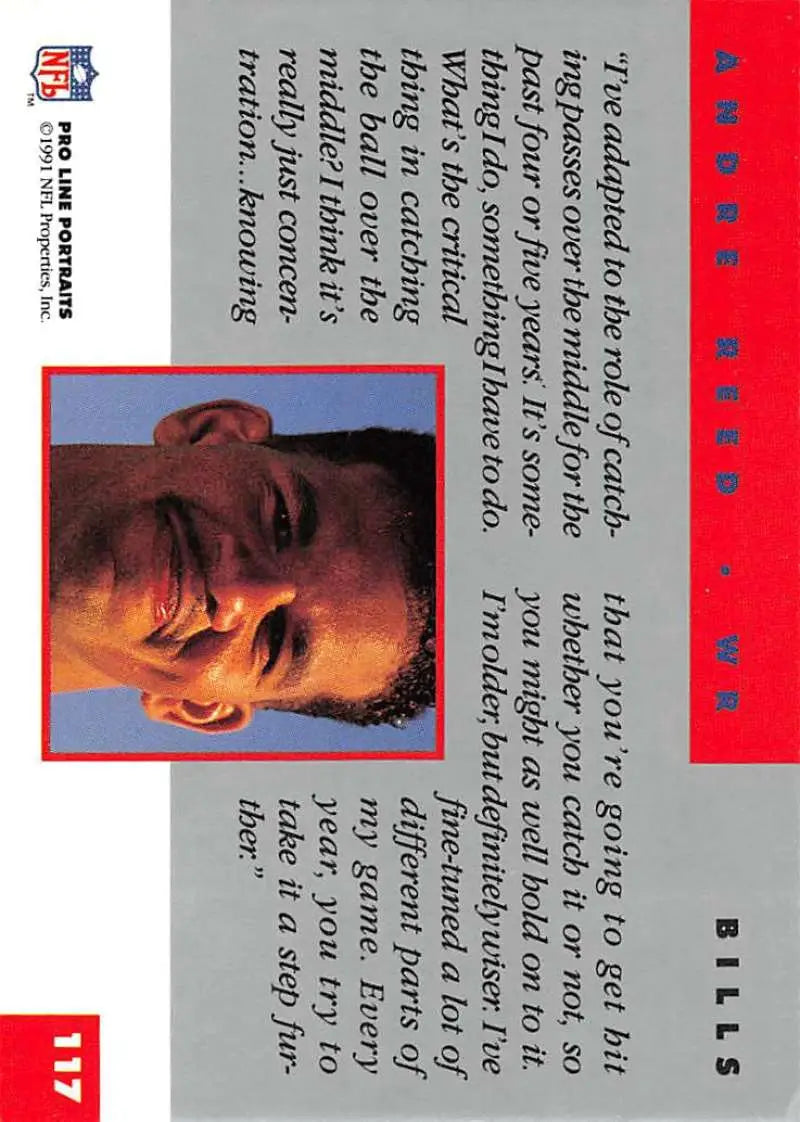 NFL trading card featuring Andre Reed in red and gray for Buffalo Bills Pro Line Portraits