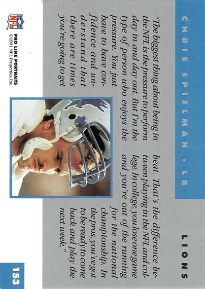 Football trading card of Chris Spielman in Detroit Lions helmet for Pro Line collection