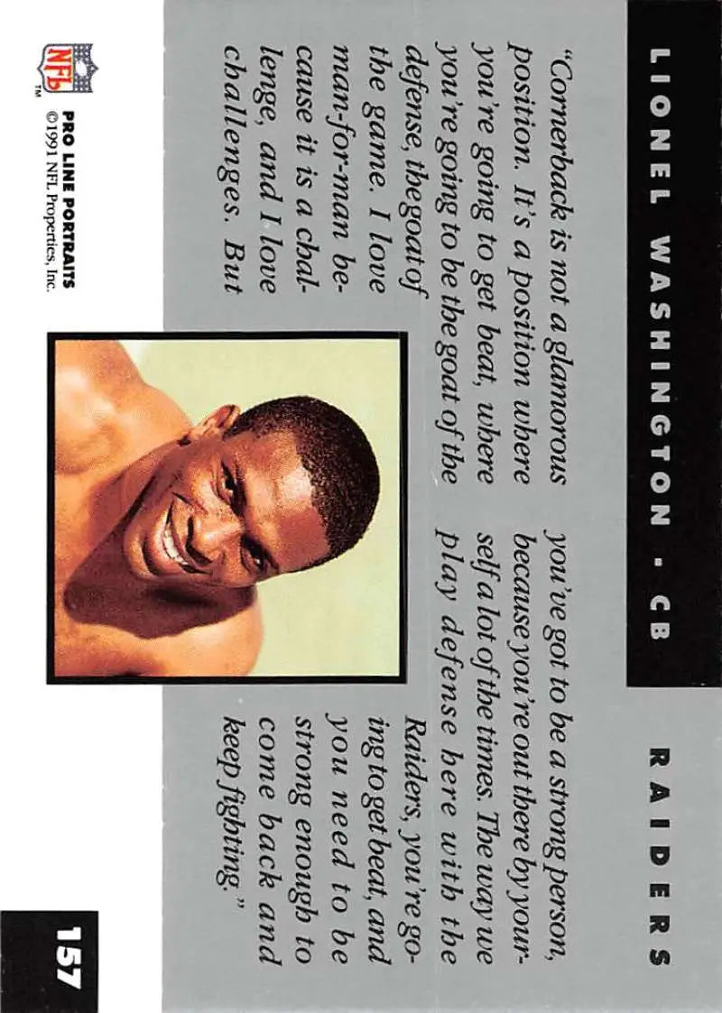 Trading card of Lionel Washington with smiling athlete for Los Angeles Raiders collectors