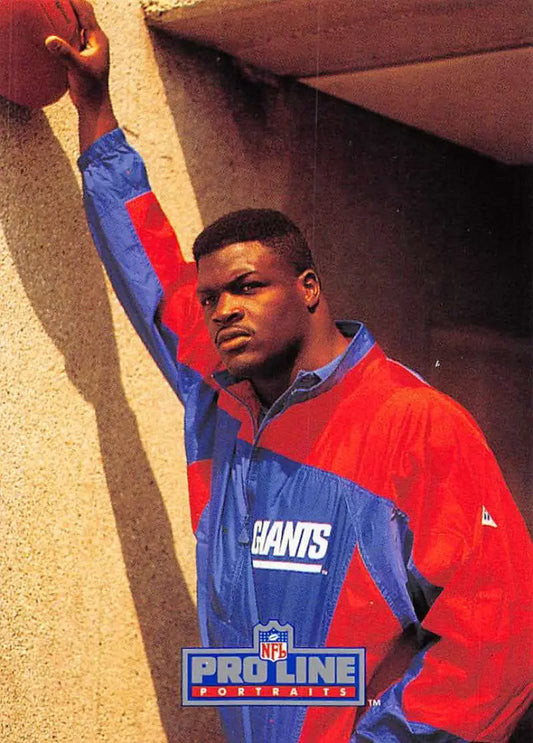 Person in Red and Blue New York Giants NFL Jacket with Jarrod Bunch Football Card