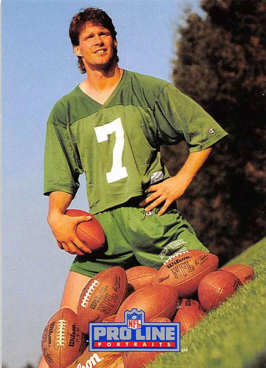 Ken O’Brien in a green jersey with footballs, New York Jets Football Card image