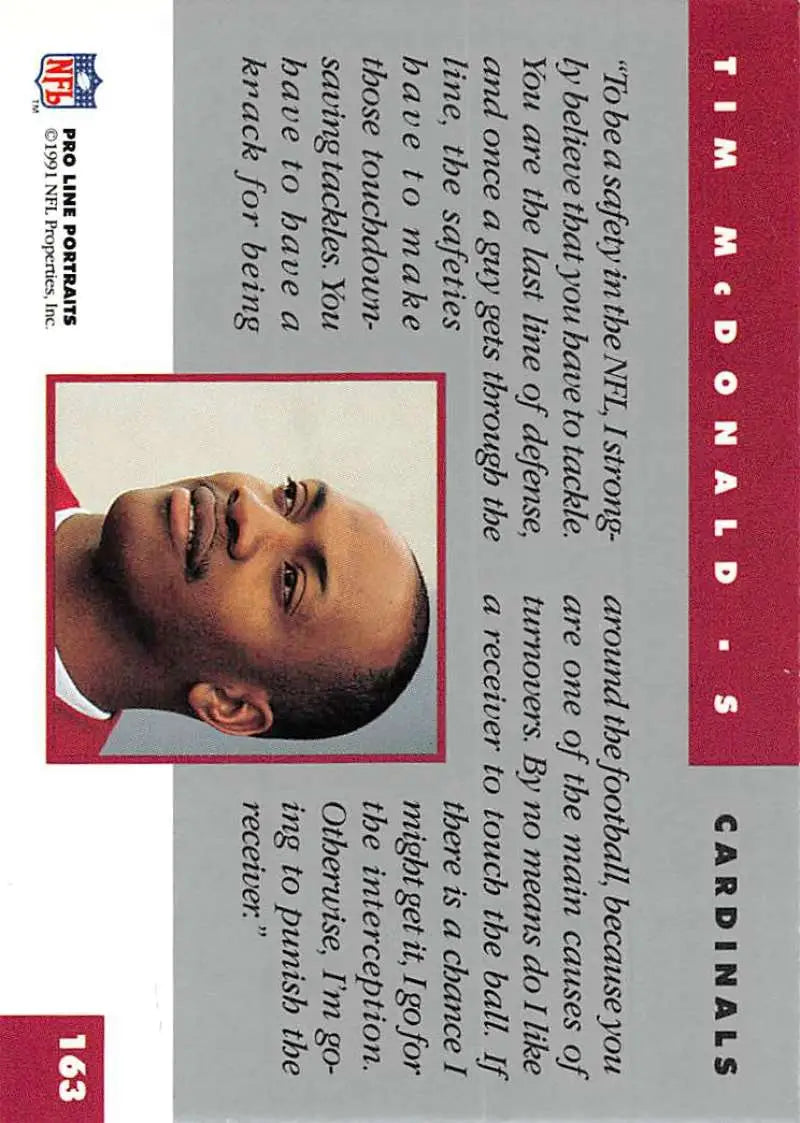 1991 Pro Line Portraits Tim McDonald Football Card in burgundy and gray for Phoenix Cardinals