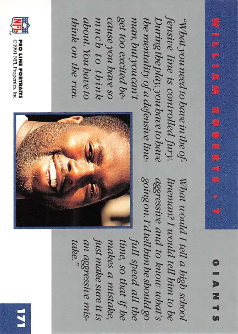 Trading card featuring William Roberts, New York Giants, with blue border design