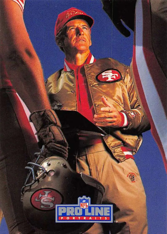 Gold satin San Francisco 49ers jacket showcasing team logo in George Seifert football card