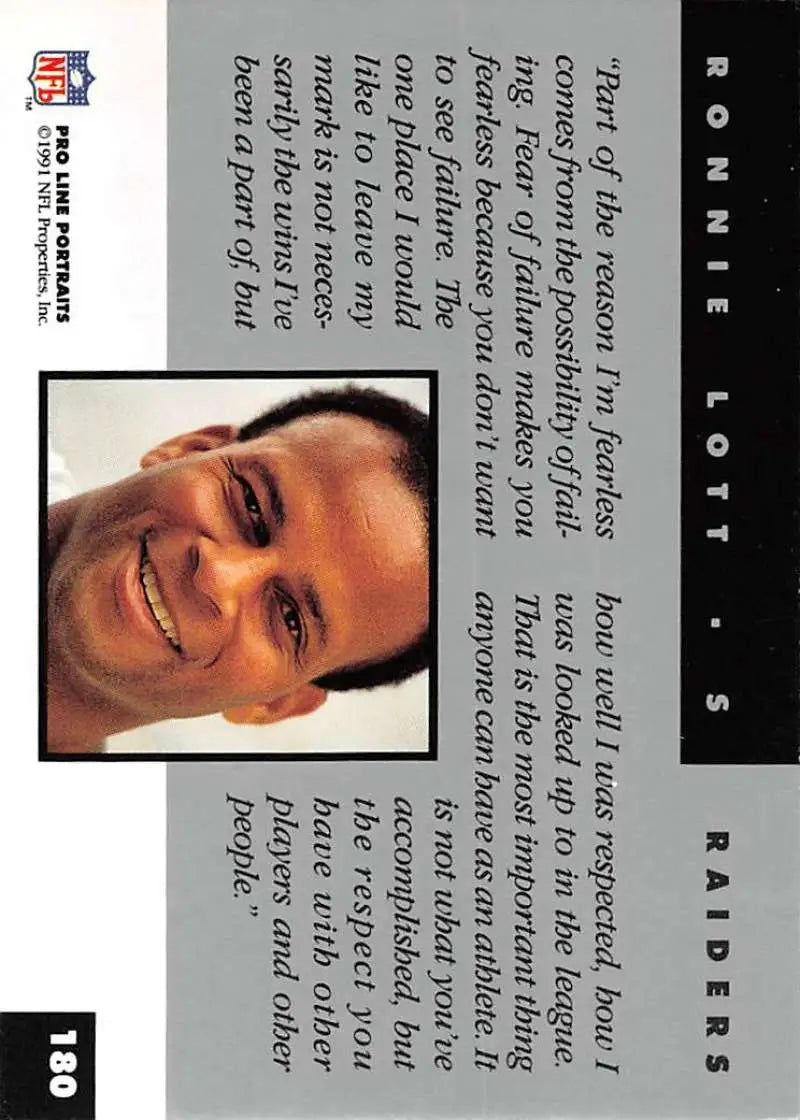 Trading card close-up of Ronnie Lott against black and white text, Los Angeles Raiders