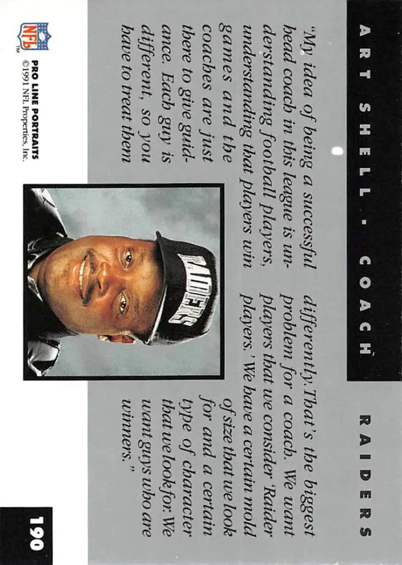 Baseball card of Art Shell in a black and white Los Angeles Raiders cap