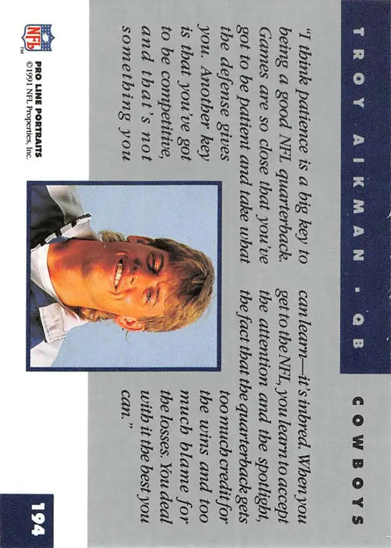 Close-up portrait of Troy Aikman on 1991 Pro Line Portraits football card