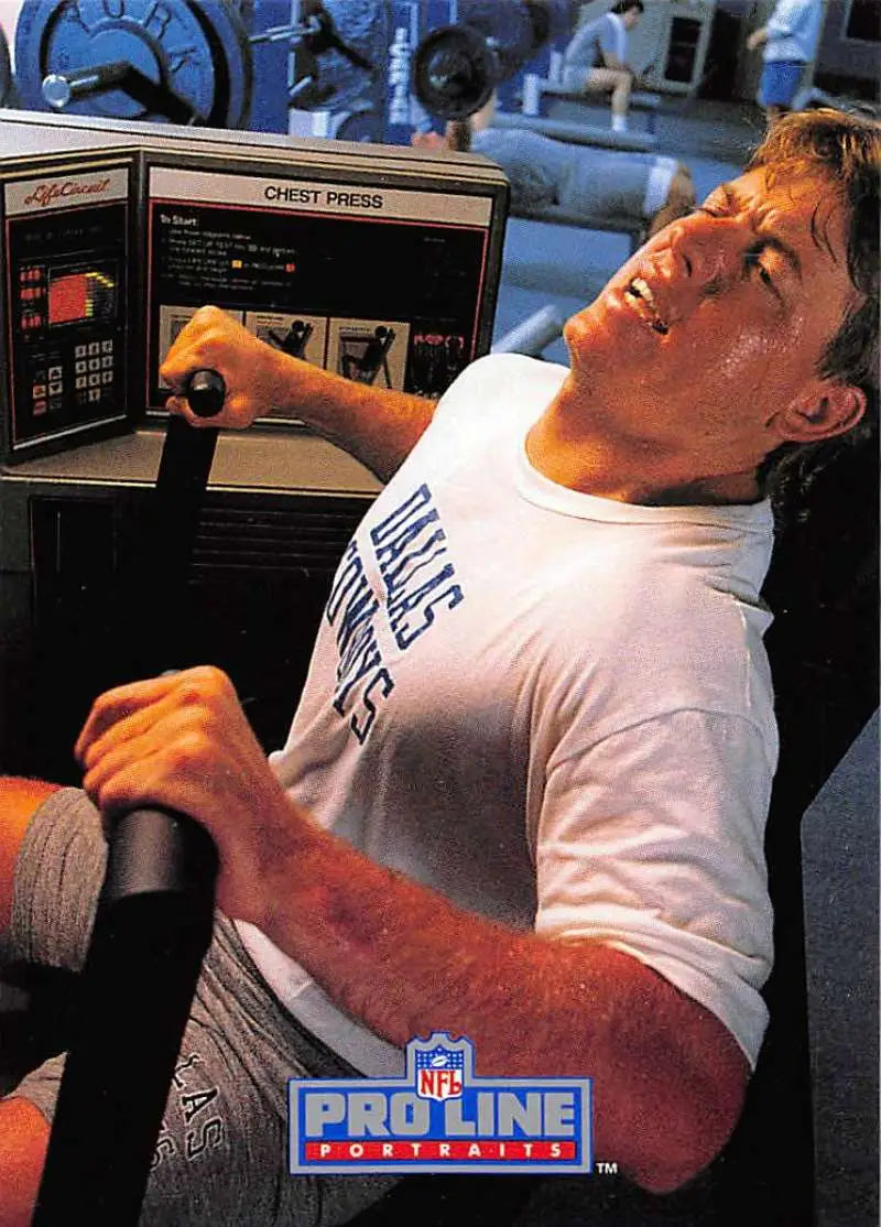 Person weight training in a white t-shirt, inspired by Troy Aikman Pro Line Portraits
