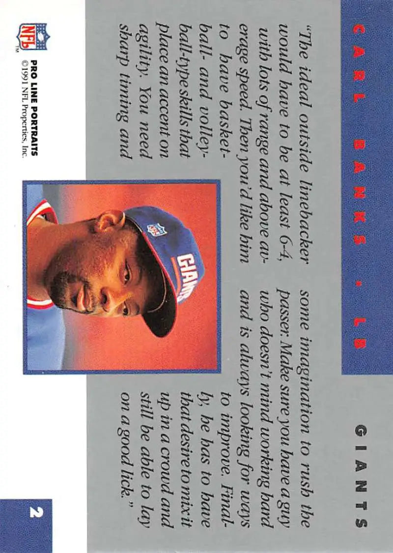Trading card of Carl Banks, New York Giants player in blue cap. Football card collectible