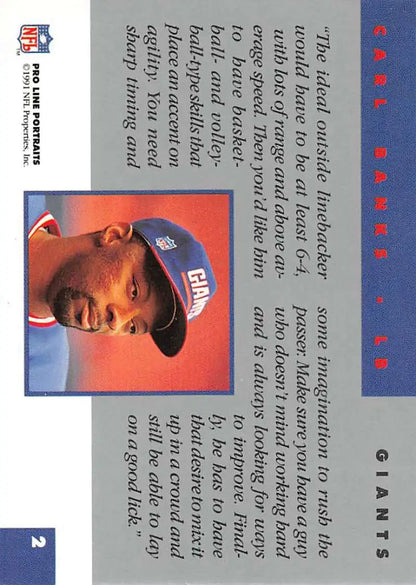 Trading card of Carl Banks, New York Giants player in blue cap. Football card collectible