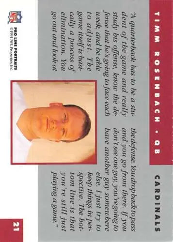Red and white 1991 Pro Line Portraits trading card of Timm Rosenbach NM Near Mint quality