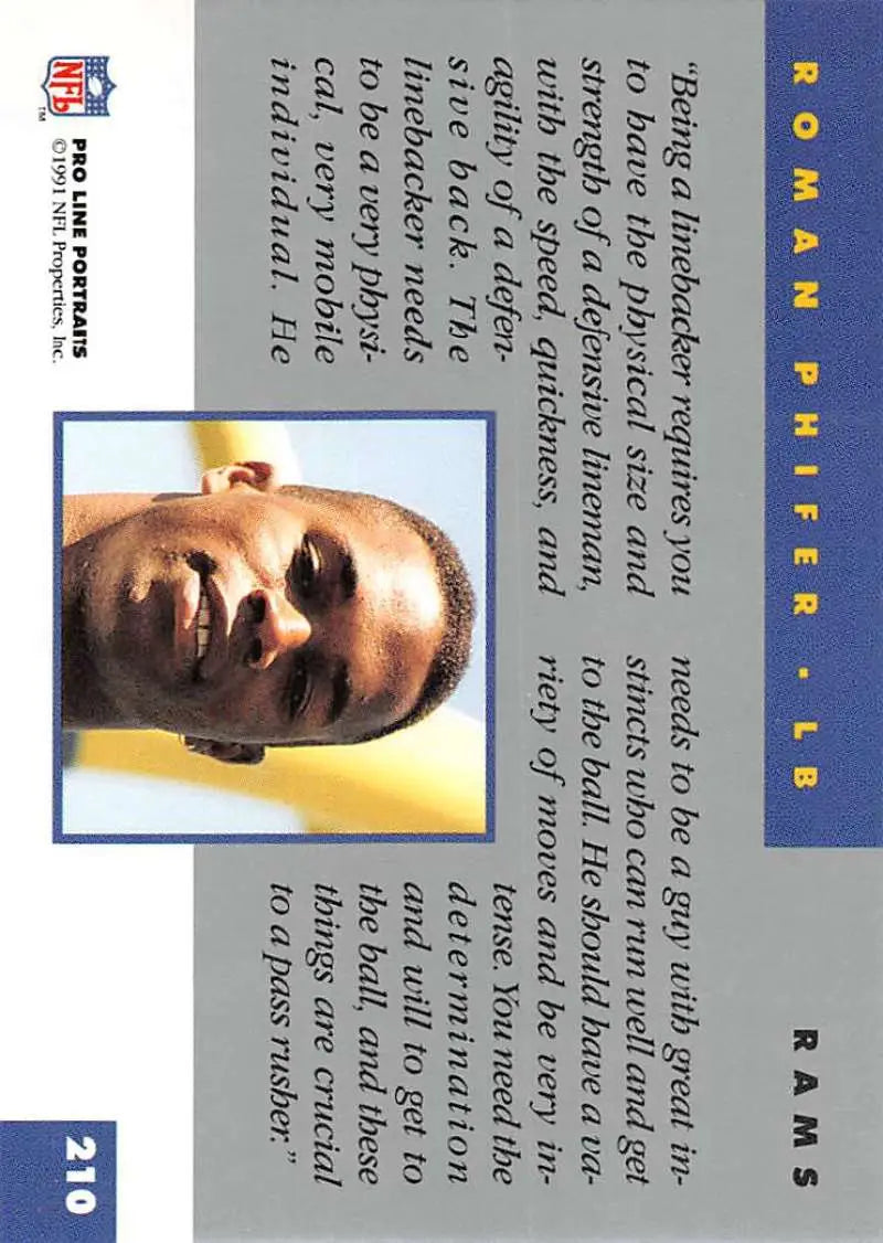 Trading card of Roman Phifer in blue border, 1991 Pro Line Portraits design