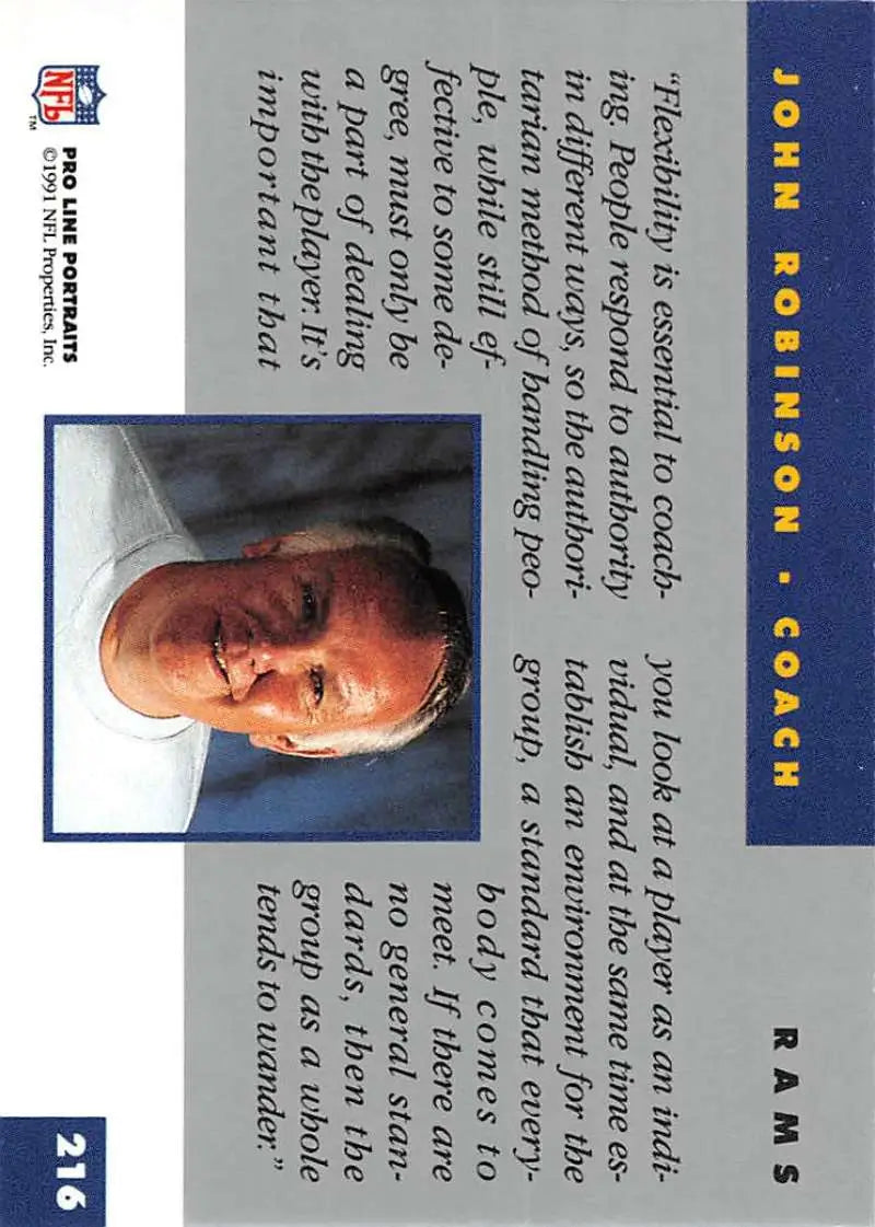 Trading card of John Robinson in blue border from Pro Line Portraits Los Angeles Rams