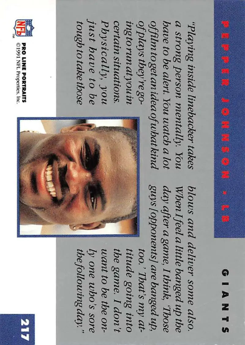 Pepper Johnson 1991 Pro Line Portraits Football Card with smiling photo on blue design